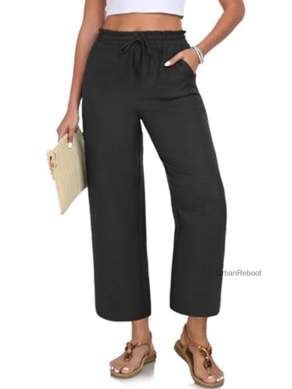 Loose High Waist Cropped Palazzo Pants, Lightweight Summer Beach Casual Pants